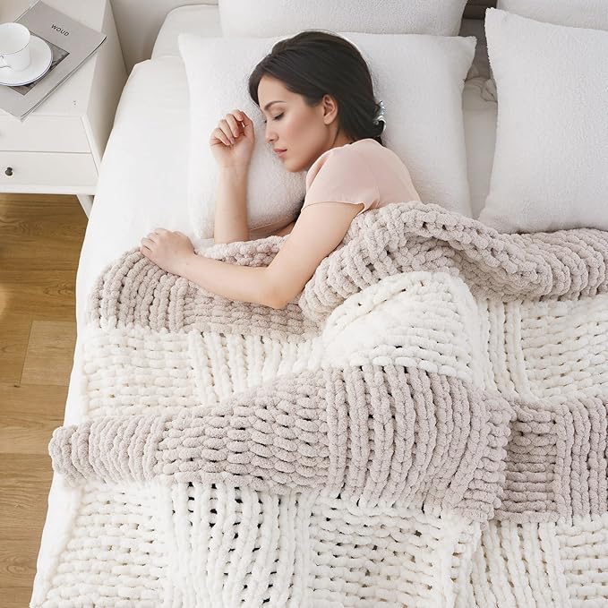 Battilo Chunky Knit Throw Blanket, Soft and Thick Chenille Throw Blanket, 50"x60" Handmade Cable Knit Crochet Blanket, Large Rope Knot Throw Blankets for Couch Sofa Bed Home Decor, Beige & White-Ruum Studio Home