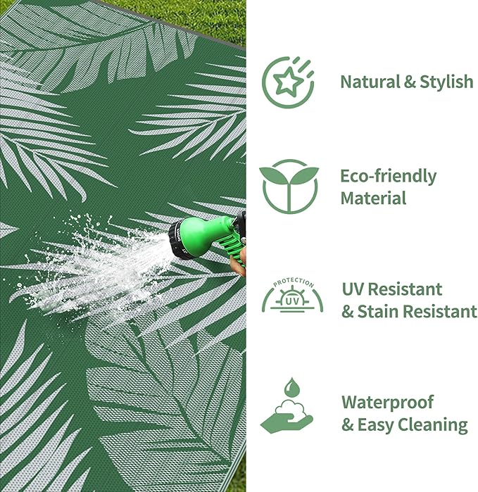 GENIMO Outdoor Rug 6' x 9' Waterproof for Patios Clearance, Reversible Plastic Straw Camping Carpet, Large Area Rugs Mats for RV, Picnic, Backyard, Deck, Balcony, Porch, Beach, Green&Grey-Ruum Studio Home