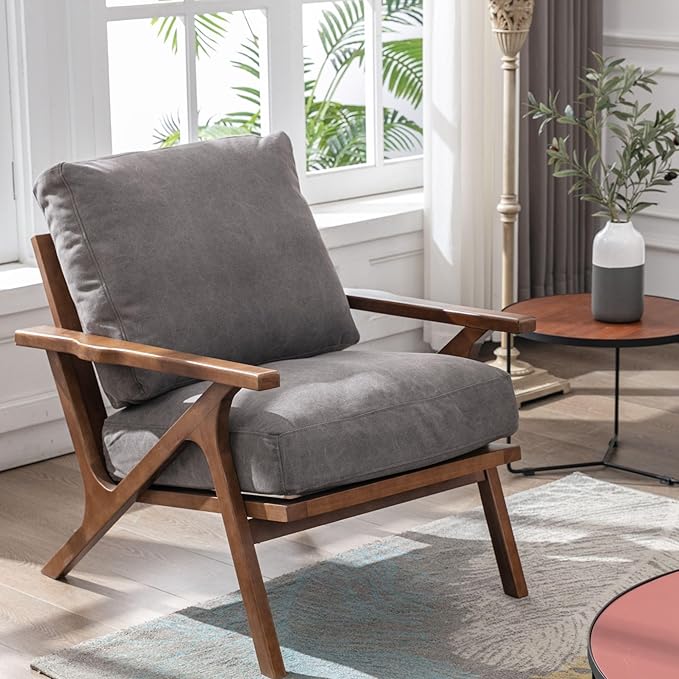 Wahson Mid Century Chair, Upholstered Accent Armchair, with Wood Frame and Canvas Cushions, Leisure Slipper Chair for Living Room/Bedroom, Grey-Ruum Studio Home