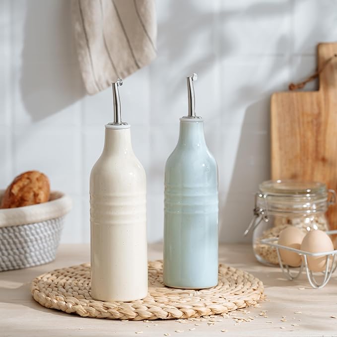 famiware Jupiter 16oz Ceramic Olive Oil Dispenser Bottle, Olive Oil and Vinegar Dispenser Bottle Set of 2 with Stainless Steel Pourers, Suitable for Storage Vinegar, Light Blue & Vanilla White-Ruum Studio Home
