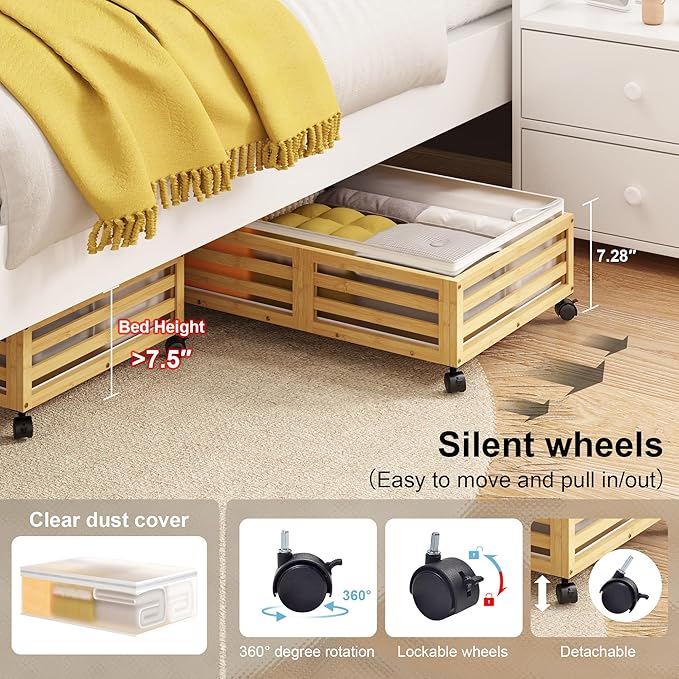 Under Bed Storage with Wheels-Large Bamboo Underbed storage Containers with Large Dust Bag Stackable Under the Bed Shoe Storage Bins for Clothes Books Bedding (2 Packs Nature, 23.62"L×16.54"W× 6.51"H)-Ruum Studio Home