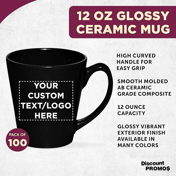 DISCOUNT PROMOS Custom Glossy Ceramic Latte Coffee Mug 12 oz. Set of 100, Personalized Bulk Pack - Perfect for Tea, Espresso, Cappuccino, Hot Cocoa - Black-Ruum Studio Home