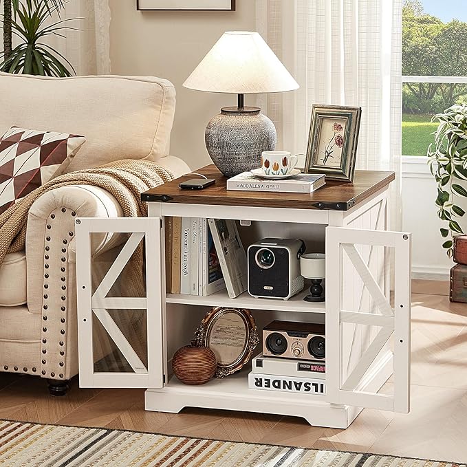 24" End Table with Charging Station, Farmhouse Night Stand with Glass Barn Door, White Nightstands with Adjustable Storage Shelf, Large Wood Square Bed Side Table for Living Room,Bedroom-Ruum Studio Home