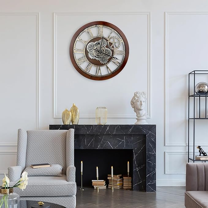 HOIBAI Large Wall Clock, 24 Inch Wall Clocks for Living Room Decor Farmhouse Vintage Rustic Kitchen Wall Decor Vintage Roman Big Oversized Wall Clock for Home Bedroom House Office, Moving Gears Clock-Ruum Studio Home