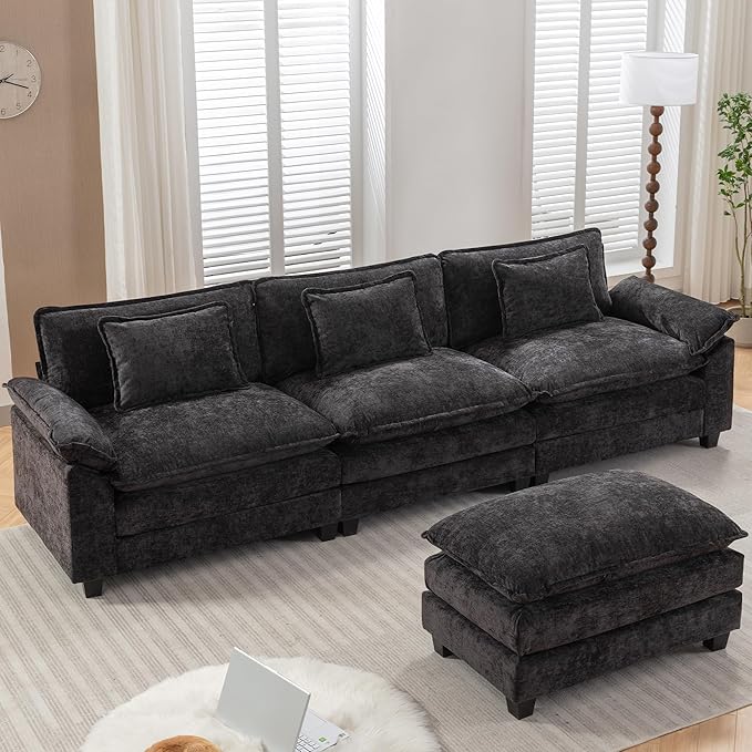 URRED Modular Sectional Sofa Comfy Cloud Couch, Modern Chenille Sofa Sleeper Deep Seat Couches with Ottoman/Pillows for Living Room (Black, 117''- L Shape)-Ruum Studio Home