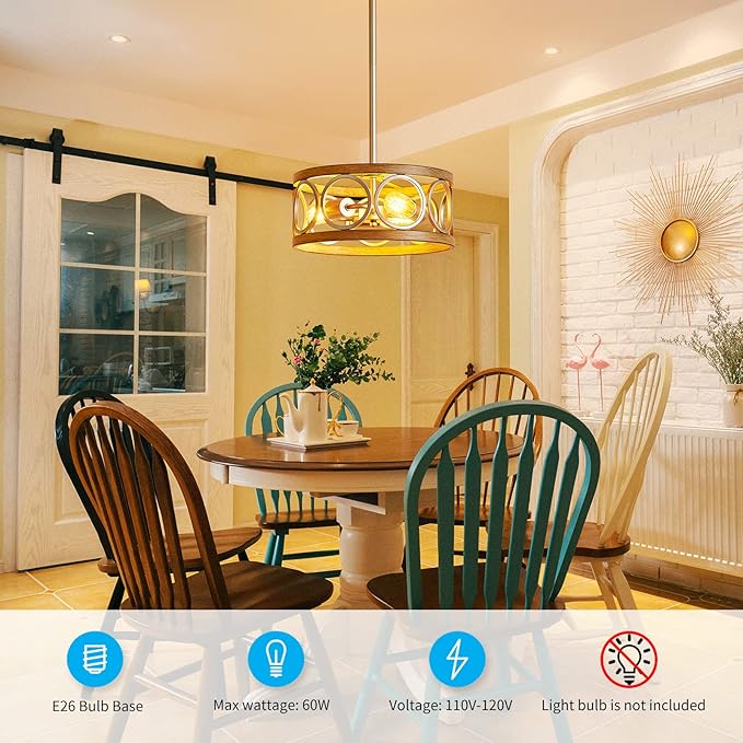 XINGQI Modern Ceiling Light Adjustable Height Pendant Lighting Fixture Brushed Nickel Wood Grain Metal 13" Rustic Round Lights for Dining Room Kitchen Bedroom Foyer Hallway-Ruum Studio Home