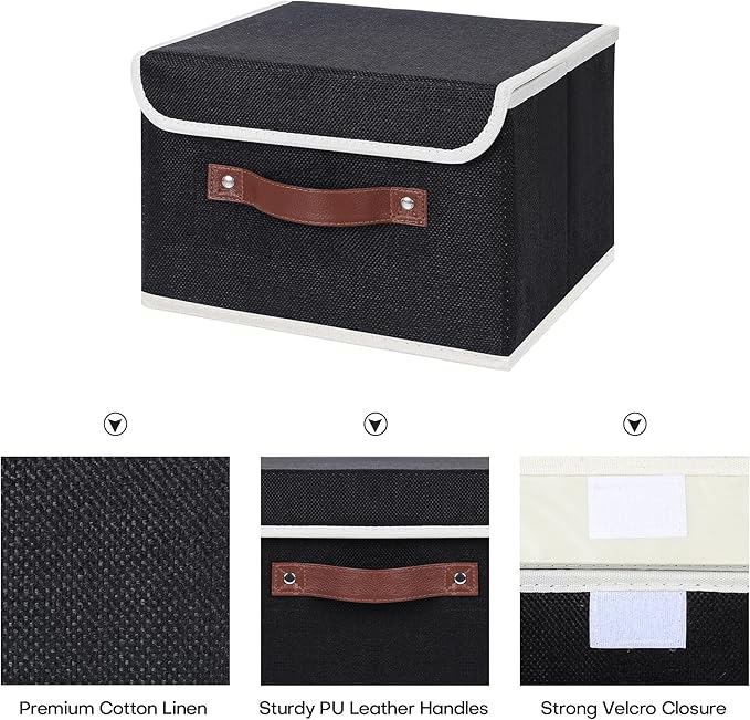 ANMINY Storage Bin with Lid Storage Boxes with PU Leather Handles PP Plastic Board Decorative Foldable Lidded Cotton Linen Fabric Home Cubes Baskets Closet Organizer Container - Black, Small Size-Ruum Studio Home