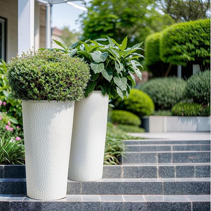 KOL 28" H. Tall Metal Cone Planters with Inner Pots 2-Pack, White Hand-Hammered Large Decor Planter for Deck, Patio, Porch - Handcrafted Flower Pot - with Water Level Indicator - Indoor Outdoor Use-Ruum Studio Home