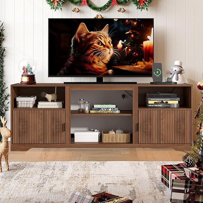 Fluted TV Stand for Tvs up to 80",Mid Century Modern TV Stand with Open Adjustable Shelf,Entertainment Center Wood TV Media Console with Cord Holes,TV Stand for Living Room Furniture Bedroom,Walnut-Ruum Studio Home