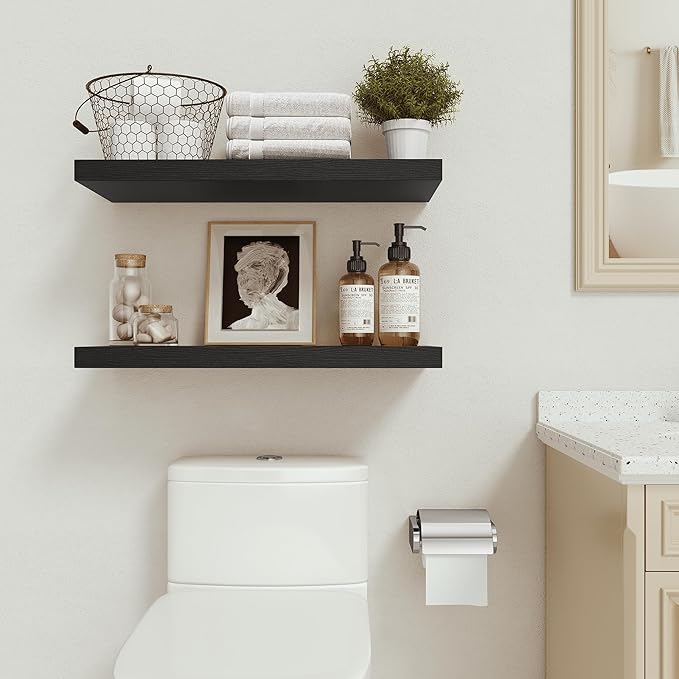 Black Floating Shelves for Wall Mounted, 24 inchs x 9.1” Deep x 1.5” Thick Wall Shelves for Bedroom, Living Room, Bathroom，Kitchen, Office, Home Decor Shelf with Invisible Bracket - Set of 2-Ruum Studio Home