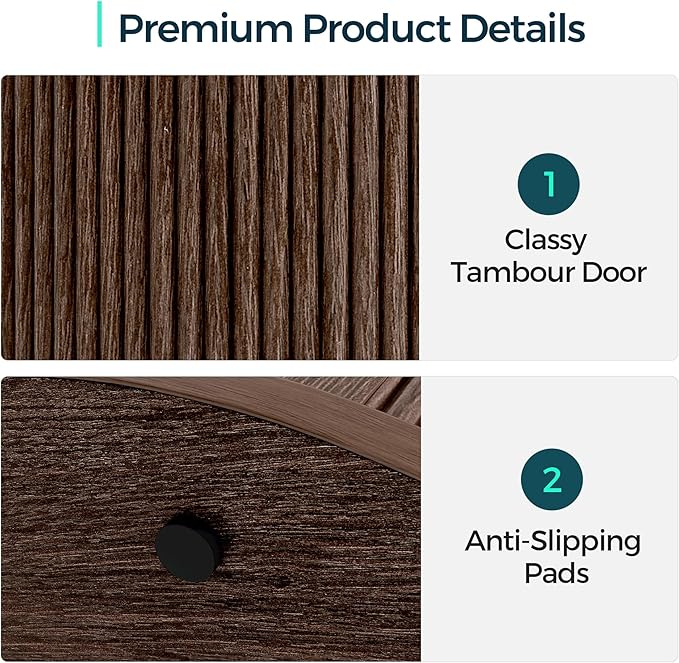 LINSY HOME Round Fluted End Table, Tall Side Table with Sliding Tambour Door and Storage Shelf, Modern Bedside Table, Mid-Century Nightstand for Living Room, Bedroom, Walnut-Ruum Studio Home