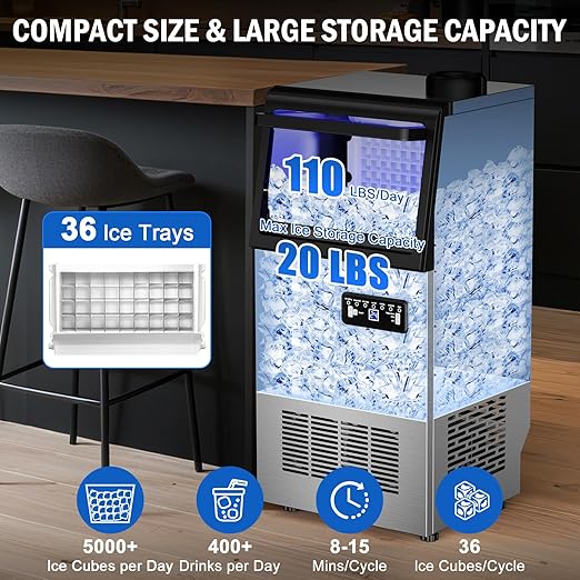 Commercial Ice Maker Machine 110 LBS/24H, 36 Ice Trays Freestanding & Undercounter Ice Machine Stainless Steel with 20 LBS Ice Storage Capacity, Ice Maker with Water Line and Filter, Dual Water Inlet-Ruum Studio Home