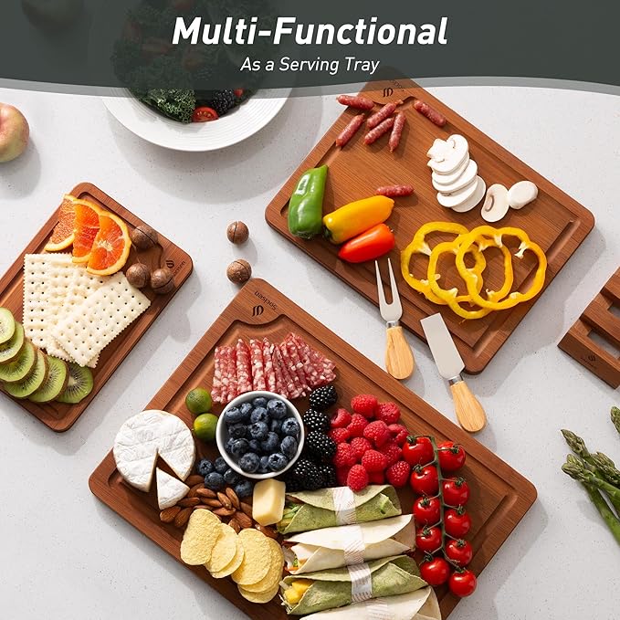3 Packs Bamboo Cutting Board Set with Non Slip Feet Holder and Over Sink Nice Solid Thick Wood Juice Groove Chopping Board Extra Large Big Small Best Hardwood Kitchen Organic Vegetable Meat BBQ Kit-Ruum Studio Home