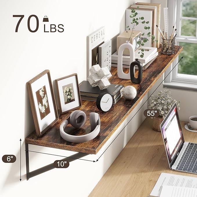 Floating Shelves 55 Inch Long, 10" Deep Floating Shelves, Wall Shelves 55 x 10, Set of 2, Wide Large Display Storage Shelves for Bathroom, Living Room, Rustic Wood Shelves with Brackets, Rustic Brown-Ruum Studio Home