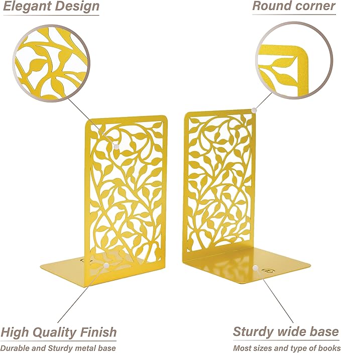 CNK Book Ends Bookends for Decorative Books Holder Bookend Shelves End Hold Heavy Duty Holders Stoppers Metal Stopper Cute Boho Bookshelf Holds Cookbook Office Home Set of 4 Bookends Pair Gold-Ruum Studio Home