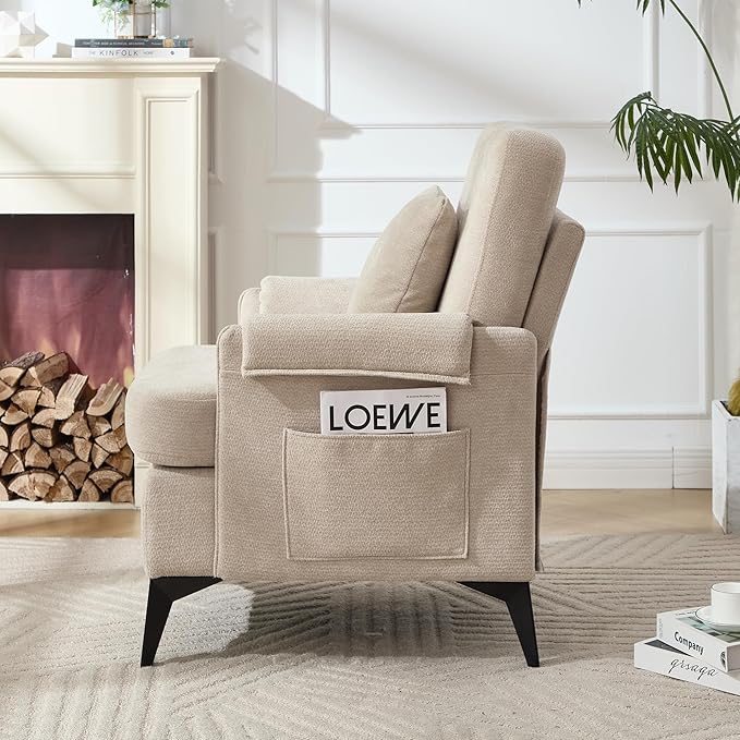 KCC Mid-Century Accent Chairs,Chenille Modern Upholstered Single Sofa,Cozy Armchair with Back for Bedroom/Office/Cafe,Begie-Ruum Studio Home
