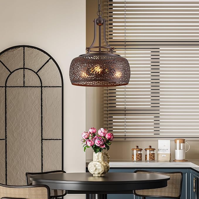 WUZUPS Chandelier Rustic Farmhouse Industrial Round Ceiling Pendant LED Light Fixture with Later-Cut Openwork Drum Shade, H 15.7" x W 13.4", Oil Rubbed Bronze-Ruum Studio Home