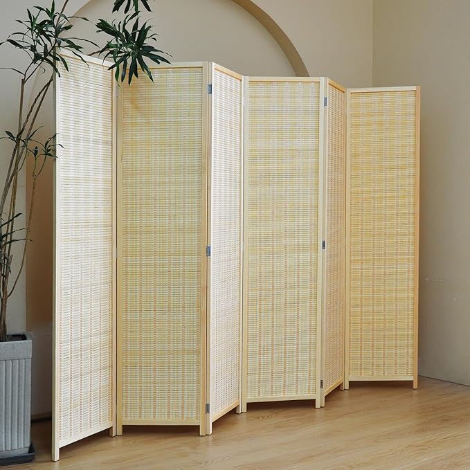 6 Panel Folding Room Divider Screen, Bamboo, for Separation, Beige, 67" H x 92.1" W-Ruum Studio Home