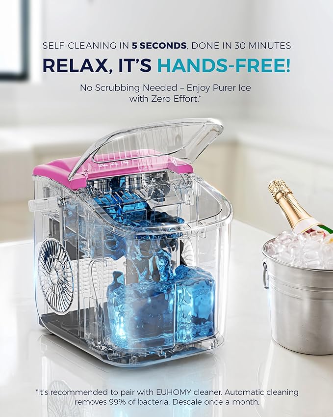 EUHOMY Countertop Ice Maker Machine with Handle, 26lbs in 24Hrs, 9 Ice Cubes Ready in 6 Mins, Auto-Cleaning Portable Ice Maker with Basket and Scoop, for Home/Kitchen/Camping/RV. (Pink)-Ruum Studio Home