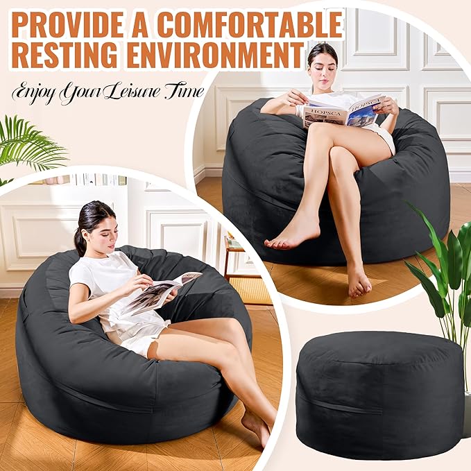 4FT Bean Bag Chair: Bean Bag with Velvet Cover, Fluffy and Comfy Bean Bag Chairs for Adults and Kids, Bean Bag Sofa Filled with High-Density Sponge for Gaming (Black)-Ruum Studio Home
