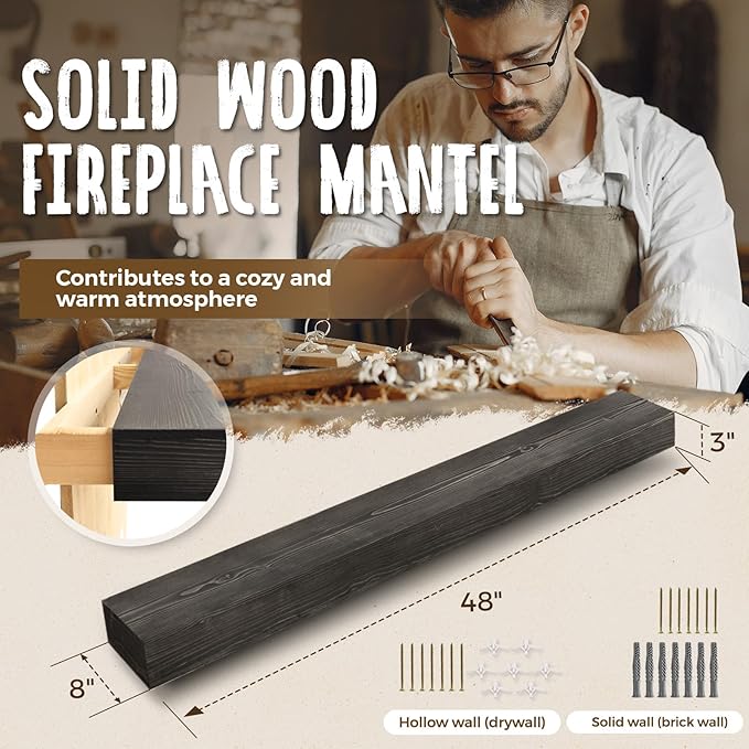 48x8x3 Fireplace Mantel - Handcrafted Hollow Rustic Solid Wood Wall Mounted Floating Shelf with Invisible Heavy Duty Wood Bracket (Weathered Black)-Ruum Studio Home
