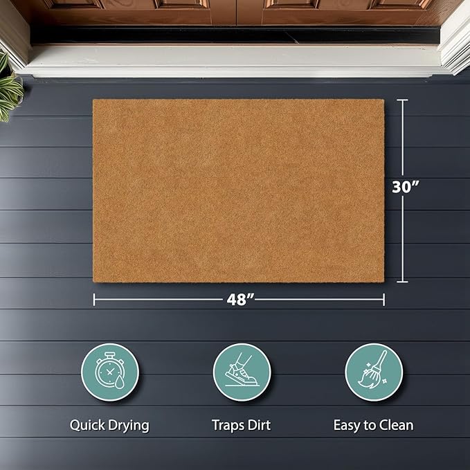 Barnyard Designs Natural Coco Coir Heavy Duty Backing Doormat - Large Cute Non-Slip Front Door Welcome Mat for Outside Entrance or Porch Entry, Brown (30x48, Plain Brown)-Ruum Studio Home