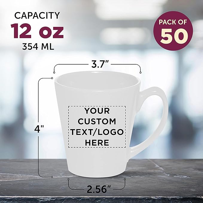 DISCOUNT PROMOS Custom Glossy Ceramic Latte Coffee Mug 12 oz. Set of 50, Personalized Bulk Pack - Perfect for Tea, Espresso, Cappuccino, Hot Cocoa - White-Ruum Studio Home
