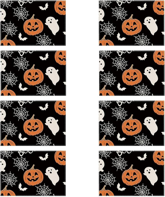 XCHI BOO Spooky Ghost Pumpkin Halloween Cloth Placemats Set of 8 Table Mats Table Decorations 12x18 Inch-Ruum Studio Home