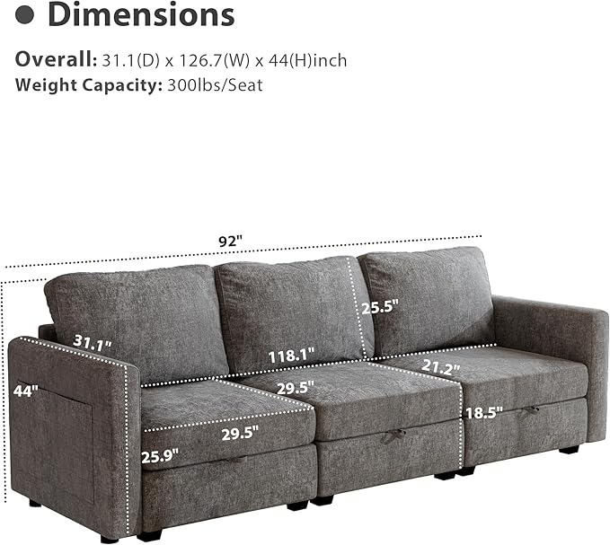 mestyl Modular Sectional Sofa Convertible Sofa Couch Set with Storage for Living Room, Modern 3 Seater Modular Sectional Couch (Grey)-Ruum Studio Home