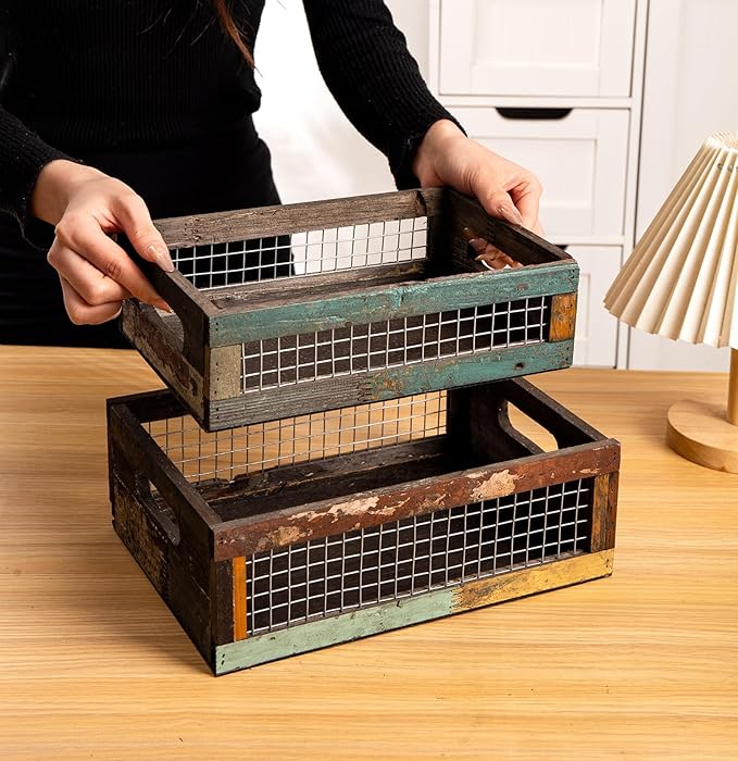TIMRIS Set of 2 Rustic Wooden Countertop Baskets, Farmhouse Distressed Nesting Boxes, Small Decorative Wooden Storage Crates, Reclaimed Wood Organizer Baskets with Wire Mesh (Random)-Ruum Studio Home