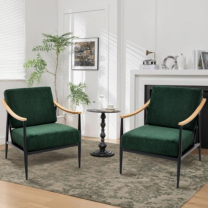 Modern Accent Chairs Set of 2 for Living Room Bedroom Mid Century Arm Chairs Upholstered Office Accent Chairs Comfy Waiting Room Chairs with Metal Frame, Green-Ruum Studio Home
