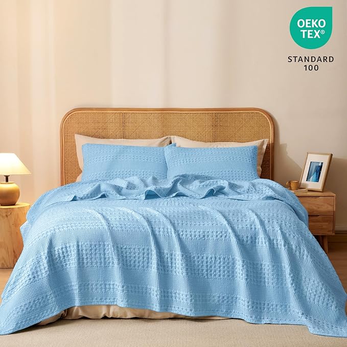 PHF 100% Cotton Waffle Weave Blanket Queen Size, Soft Lightweight Breathable Cozy Summer Blankets for Bed, Luxury Aesthetic Woven Bedding for Home Decor, 90"x90", Sky Blue-Ruum Studio Home