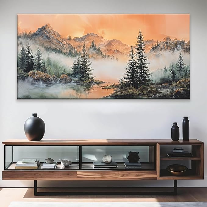Mountain Wall Art For Living Room Large Size Canvas Art Wall Decor For Office Modern Bedroom Decorations Forest River Landscape Pictures Paintings Artwork Wall Mural Aesthetic Artwork 29 X 58 In-Ruum Studio Home