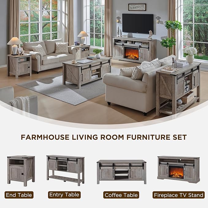 OKD Farmhouse End Table with Charging Station, 18" Rustic Nightstand with Adjustable Storage Shelf, Wood Rustic Wood Sofa Side Table for Bedroom-Ruum Studio Home