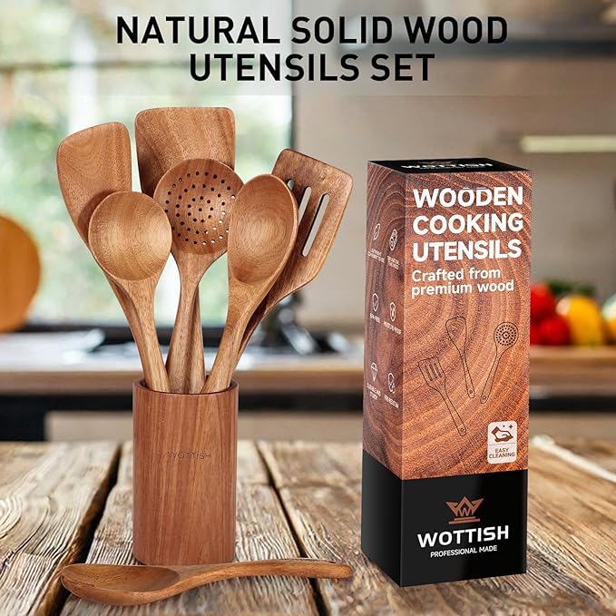 Wooden Spoons for Cooking - 8-Piece Wooden Kitchen Utensil Set made of Natural Solid Wood Material - Includes Spoons, Spatulas, Ladles, Strainer Spoon, Salad Fork, Mixing Spoon and Utensil Holder-Ruum Studio Home