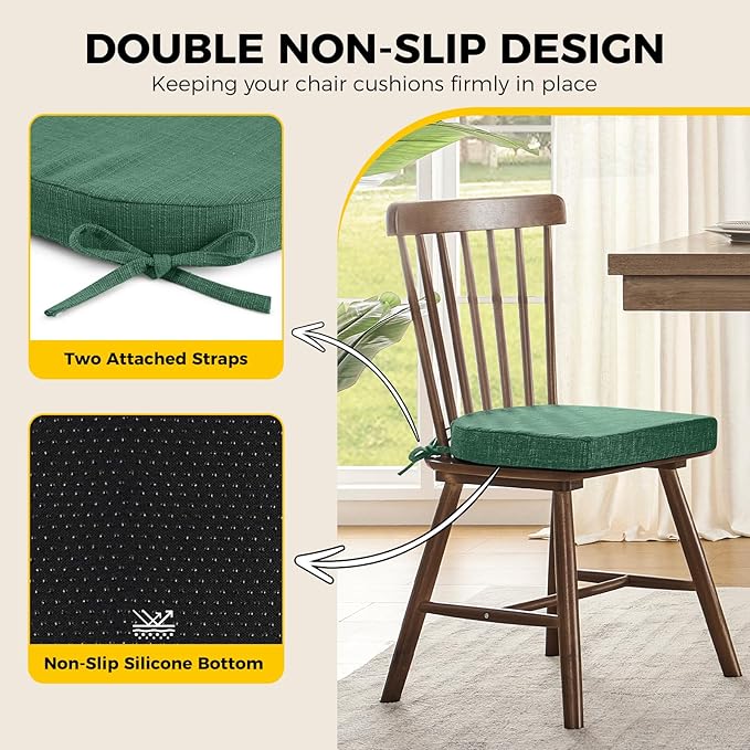 downluxe Indoor Chair Cushions for Dining Chairs, Soft and Comfortable Textured Foam Kitchen Chair Pads with Ties and Non-Slip Backing, 16" x 16" x 2", Dark Green, 6 Pack-Ruum Studio Home