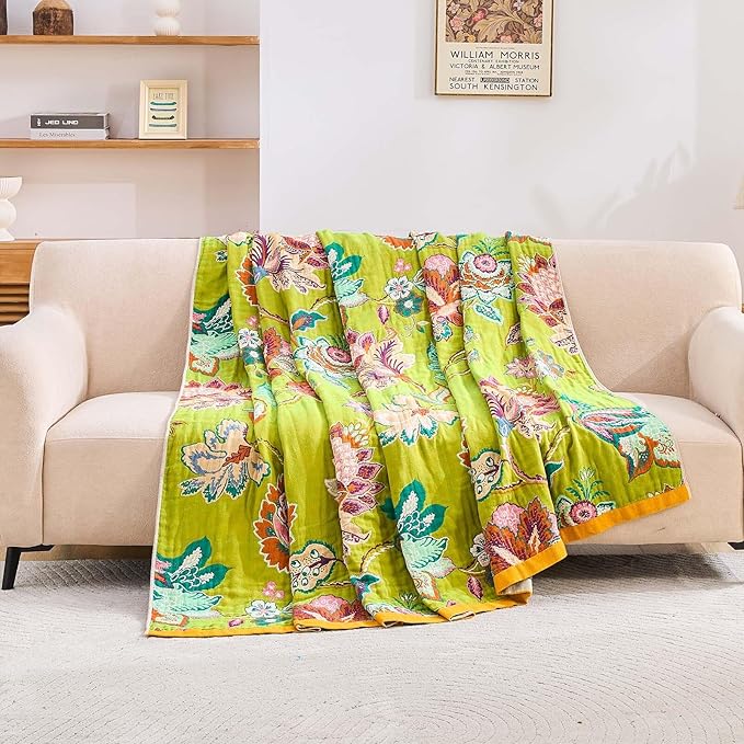 Fall Throw Blanket, 100% Cotton Soft Rustic Boho Throw Blanket for Bed, 80"x90" Farmhouse Decor Bed Flower Blankets, Light Weight Reversible Bohemian Throw Quilt-Ruum Studio Home