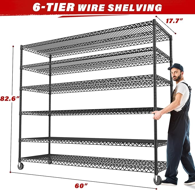 REIBII 60''W X 82.6" H Steel Heavy Duty Wire Shelving Unit with Wheels, 6-Tier Adjustable Storage Shelves 3598LBS Commercial Metal Shelves for Pantry, Garage, College Dorm Industrial Shelving, 2 Pack-Ruum Studio Home