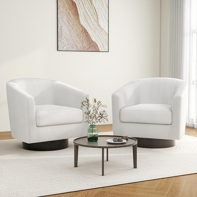 Swivel Barrel Accent Chair, Modern Round Corduroy Fabric Arm Chair for Living Room, Bedroom, Comfy Club Reading Chairs for Adults (Corduroy Beige, Set of 2)-Ruum Studio Home