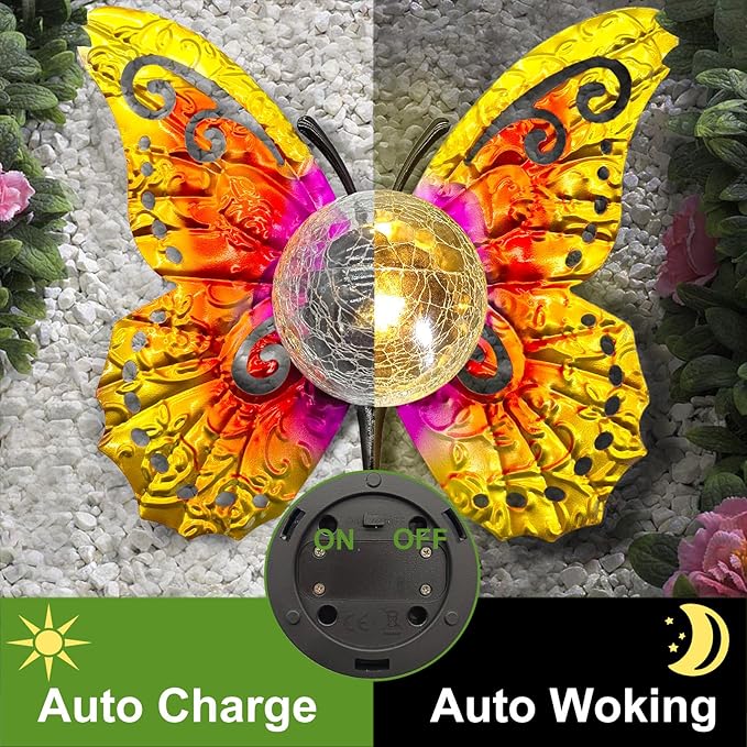 Solar Lights Outdoor Garden Butterfly Decor, Metal Butterfly Statue Decoration with LED Crackle Glass Globe, Solar Powered Lighted Garden Art Decor for Patio Lawn Yard Pathway Tabletop Ground-Ruum Studio Home