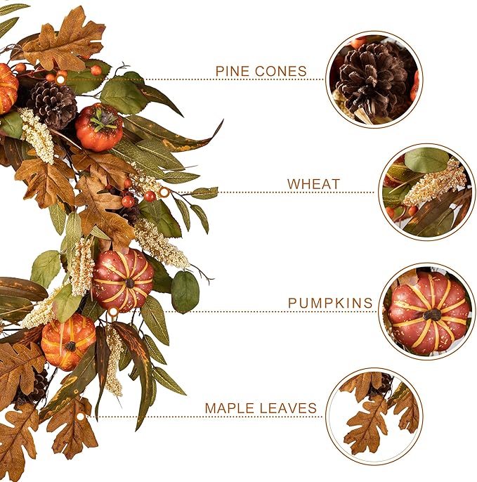 Glitzhome 24''D Fall Pumpkin Leaf Floral Wreath Decor, Artificial Harvest Door Wreath for Autumn or Thanksgiving Decoration-Ruum Studio Home