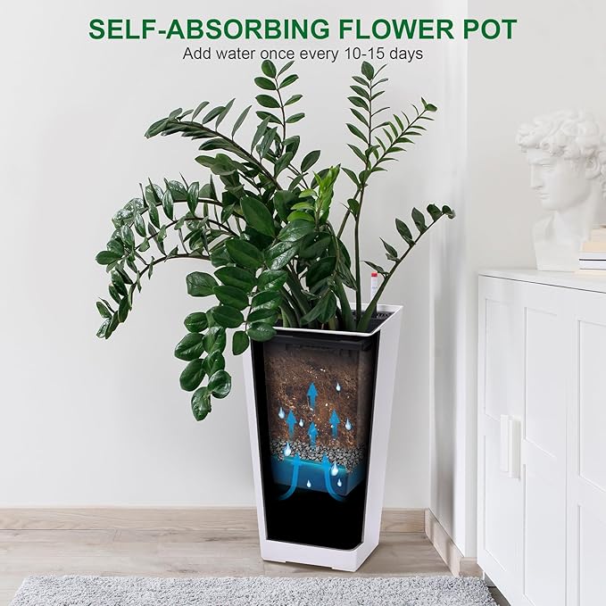 22.5" Tall Planters Set of 2, Outdoor＆Indoor Black Planter Pots, High Front Porch Planter Pots with Drainage Holes＆Water Level Monitor＆Inner Bucket, Automatic Watering, White-Ruum Studio Home