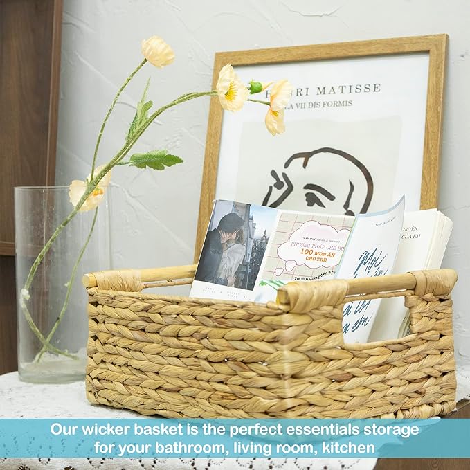 VATIMA Hyacinth Medium Wicker Basket 13.6x9.5x5.6" - With Handle, Living Room Decor, Rectangular Design-Ruum Studio Home