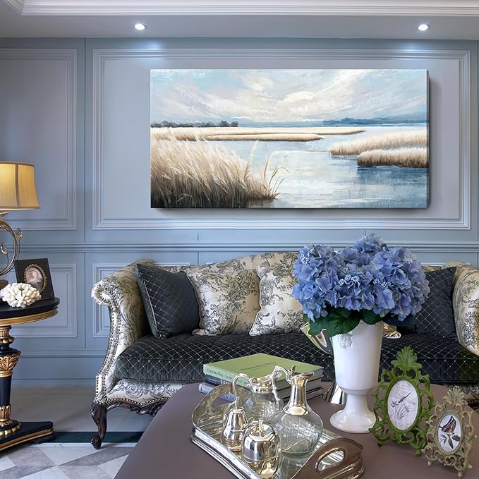 amatop Extra Large Coastal Marsh Landscape Wall Art – Neutral Blue Beige Wetland Canvas Print for Bedroom Living Room Office – Serene Nature Wall Decor,Oversized Ocean Artwork for Home Decoration-Ruum Studio Home
