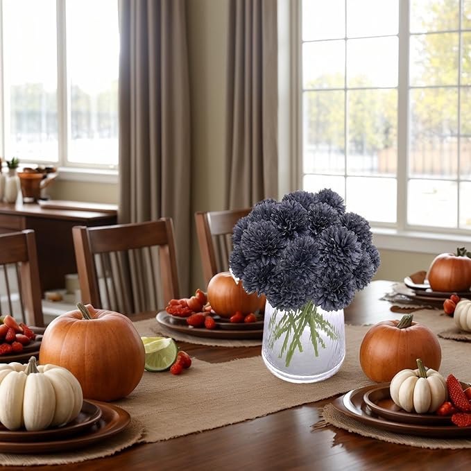 Kimura's Cabin 20Pcs Faux Mums Flowers Artificial Silk Chrysanthemums Fake Ball Flower for Halloween Fall Home Kitchen Table Decor Arrangement Decoration Bouquets (Grey Black)-Ruum Studio Home