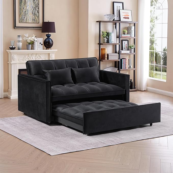 3 in 1 Convertible Sleeper Sofa Bed,Futon Loveseat Couch with Pull-Out Bed & Adjustable Backrest,Velvet Fabric Sofa with Side Pocket for Small Apartment, Living Room, Office (Black)-Ruum Studio Home