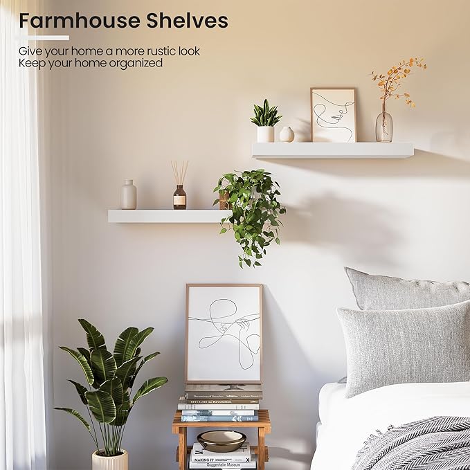 Floating Wood Shelves for Wall 16 Inches x 8”x 1.4” Shelf Floating Home Decor, Heavy Duty Shelf Hold 35 lbs, Wall Shelves for Bathroom Living Room Kitchen Bedroom Office - Set of 2 White-Ruum Studio Home