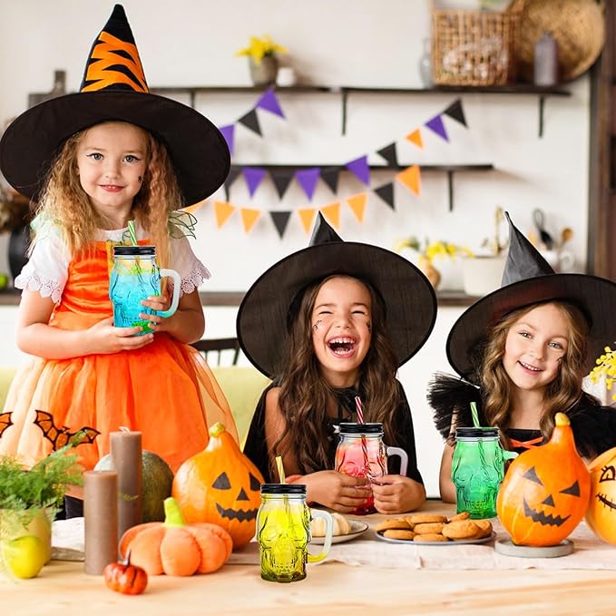 Halloween Cups Set of 4 - Skull Mason Jar with Lids Straws and Handle - Colorful Drinking Glasses for Halloween Party Bar Decor, 16 oz-Ruum Studio Home