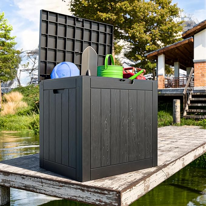 30 Gallon Outdoor Deck Box,Storage Lockable Waterproof Patio Furniture,Garden Tools,Cushions,Pool Accessories Outside Storage Resin Box(Black)-Ruum Studio Home