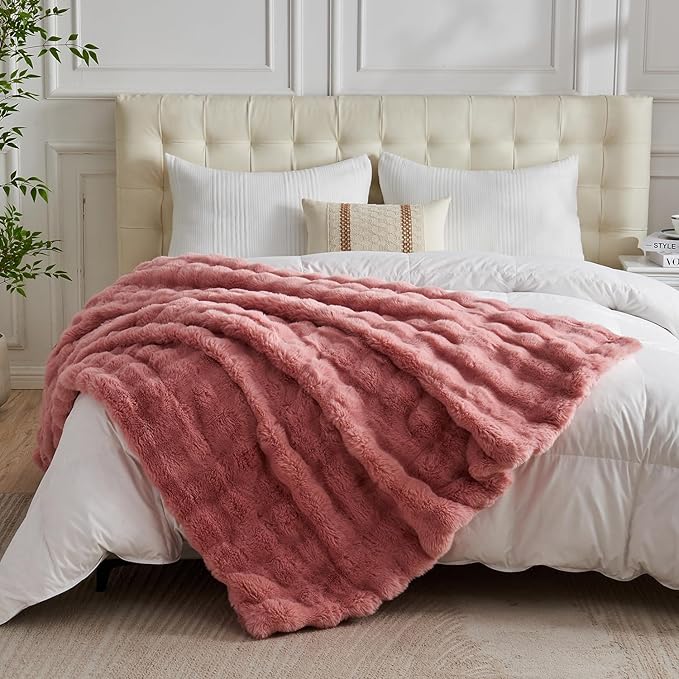 Lotus Karen Faux Fur Blanket - Old Pink Twin Size, Big Bubble Rabbit Fluff Blanket for Couch, 60x80 Inches-Ruum Studio Home